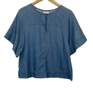 Susina Chambray Short Sleeve Blouse Small Blue